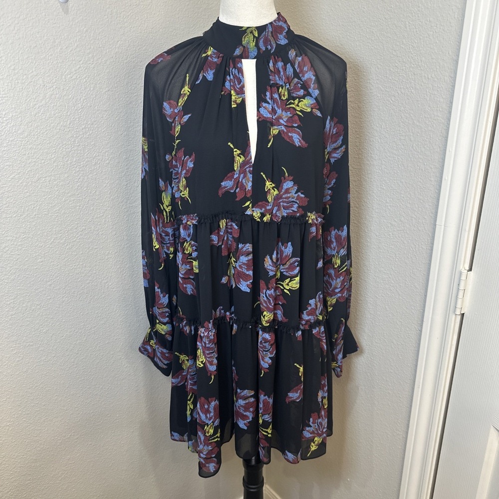 Cinq a Sept Revina Floral‎ Print Mini Dress 10 Black Sheer Tiered Party Wedding